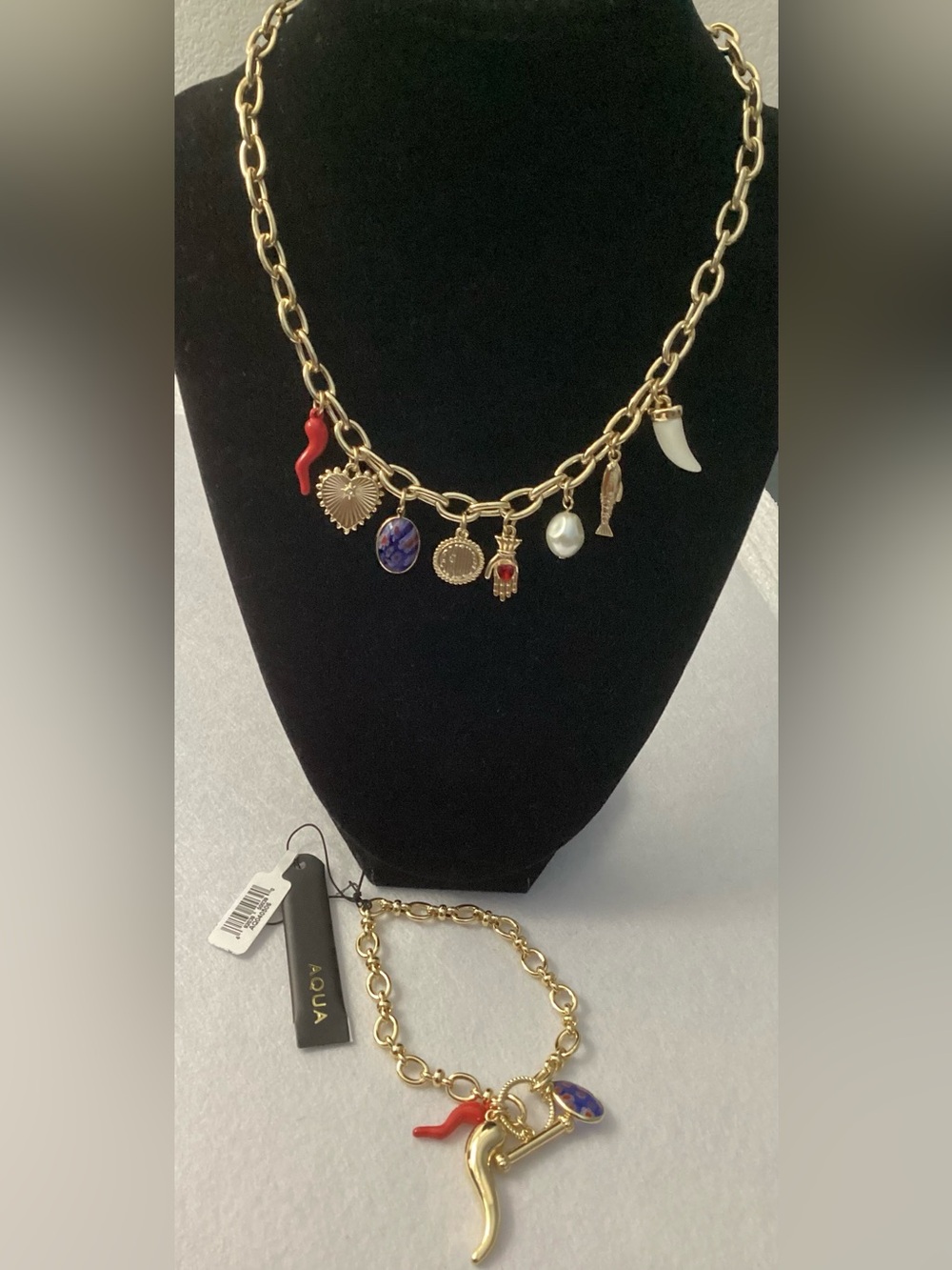 Aqua Gold-Tone Charm Necklace & Bracelet Set